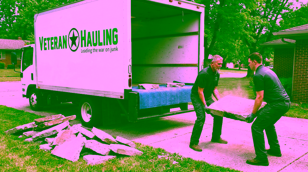 Two crew members in dark gray polos lift a large broken concrete slab together behind a white Veteran Hauling box truck with its rear door open and two broken pieces on a blue moving pad inside, next to a pile of broken concrete on the lawn and a brick house