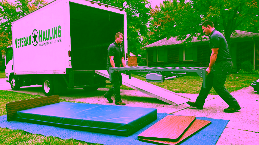 Two crew members in matching dark gray polo shirts carry the bare gray steel deck of a taken-apart hospital bed, with a gray motor box and actuator rod underneath, toward a metal ramp leading into the open rear of a white Veteran Hauling box truck parked on a driveway, while a thick blue mattress and wood-grain bed boards lie on a blue moving pad in the foreground and a brick ranch house stands behind them.