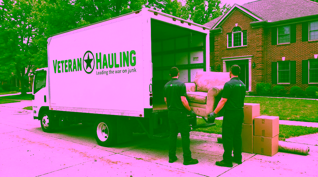 Two crew members in charcoal polos lift a worn beige upholstered armchair into the open back of a white Veteran Hauling box truck in a concrete driveway, beside stacked cardboard boxes and a rolled rug, with a red brick two-story home and trees behind.