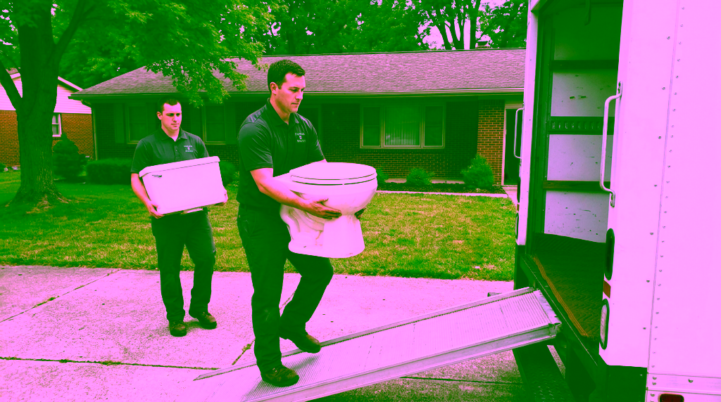 Two crew members in dark polo shirts, each with a small green logo on the chest, walk to the open rear of a white box truck parked in the driveway of a brick ranch house, the first stepping onto the metal loading=
