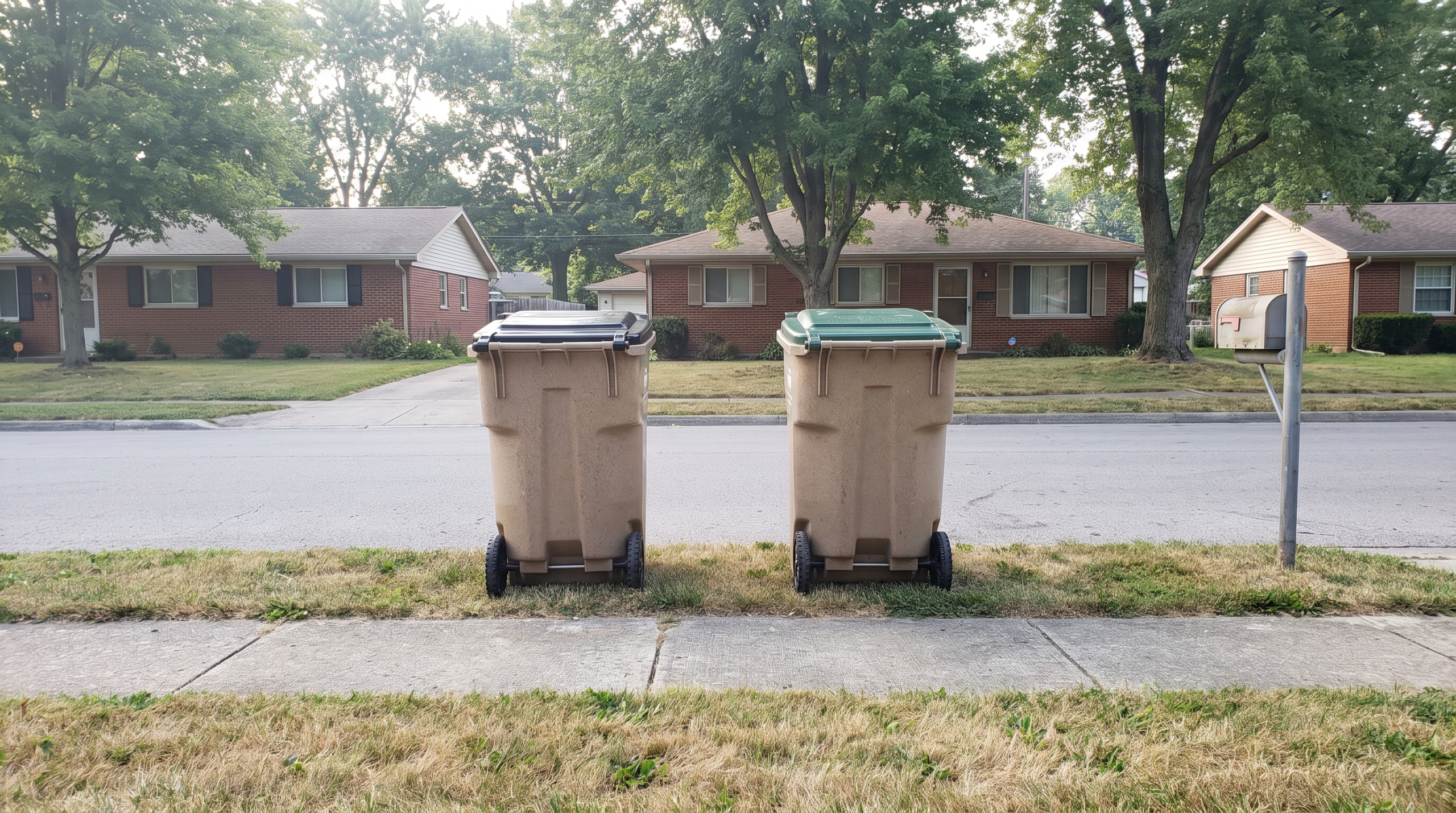 Two tan wheeled toters, one with a black lid and one with a green lid, stand a short distance apart on the grassy strip between the sidewalk and the street, with a mailbox post off to one side and brick ranch houses across the road.