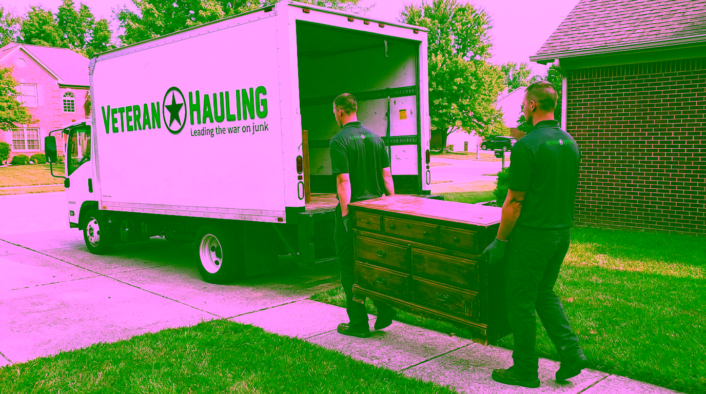 Two crew members in charcoal polos and work pants carry an old wooden dresser along a concrete walk toward the open back of a white Veteran Hauling box truck parked in the driveway beside a brick home.