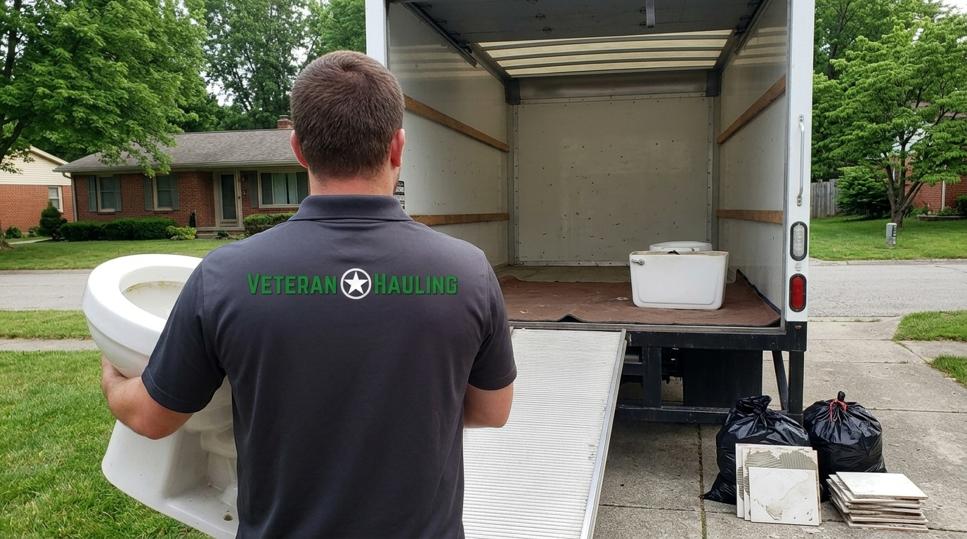 A crew member seen from behind, in a dark polo shirt with Veteran Hauling printed across the back, holds a white toilet bowl at the foot of the loading=