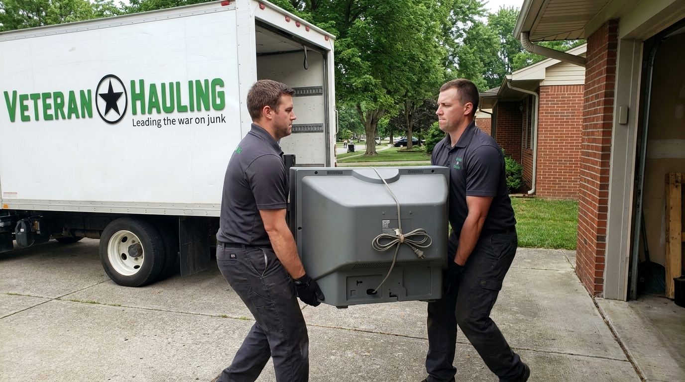 Two crew members in dark polo shirts and black work gloves carry an old gray tube TV, its back and tied-up power cord toward the camera, on a driveway between an open garage and a white Veteran Hauling box truck with its rear door open.