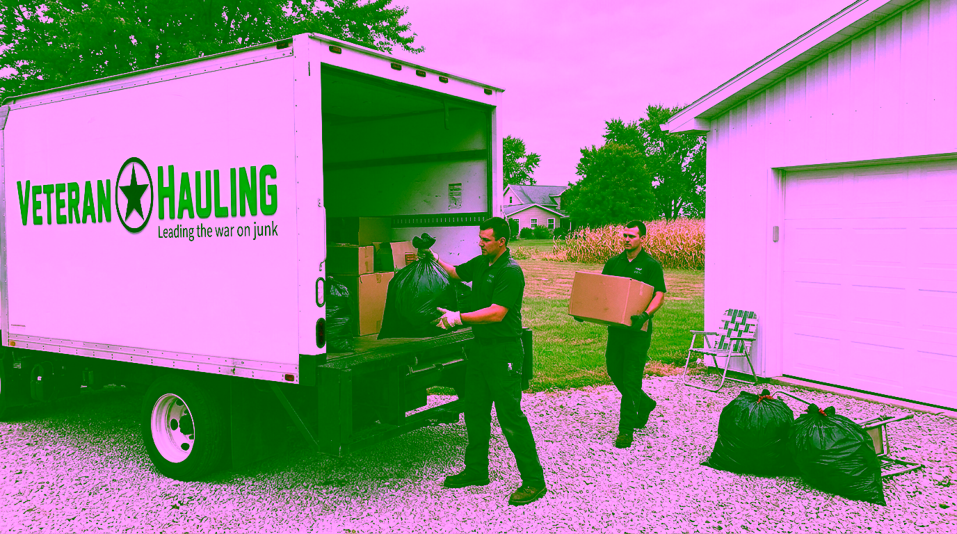 A crew member lifts a black trash bag with both hands into the open back of a white Veteran Hauling box truck holding cardboard boxes and bagged trash, while a second crew member walks up with a cardboard box; more bagged trash and a folding lawn chair sit on the gravel by a white garage, with a cornfield behind.