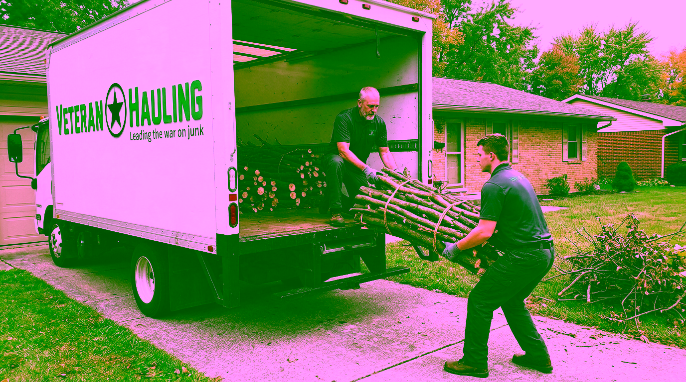 Two crew members in dark gray polos load a rope-tied bundle of cut tree limbs into the open rear of a white Veteran Hauling box truck, one pushing it up from the driveway and one kneeling on the cargo floor beside a stack of cut limbs, with a pile of cut branches on the lawn and a tan brick ranch house behind