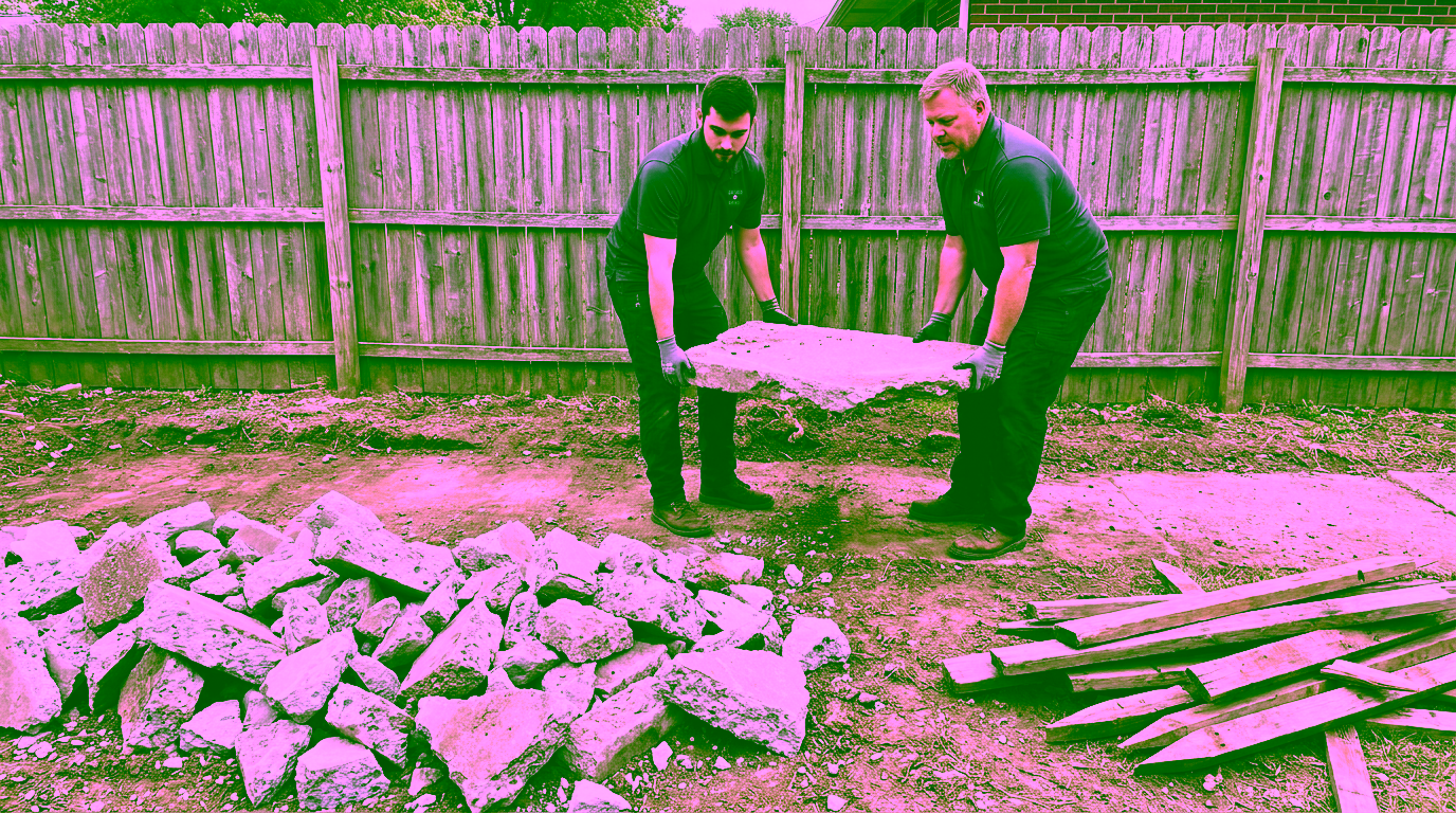 Two crew members in dark gray polos carry a large broken concrete slab between them across bare soil in front of a wooden privacy fence, with a heap of broken concrete rubble in front and a separate pile of old boards and stakes to the right