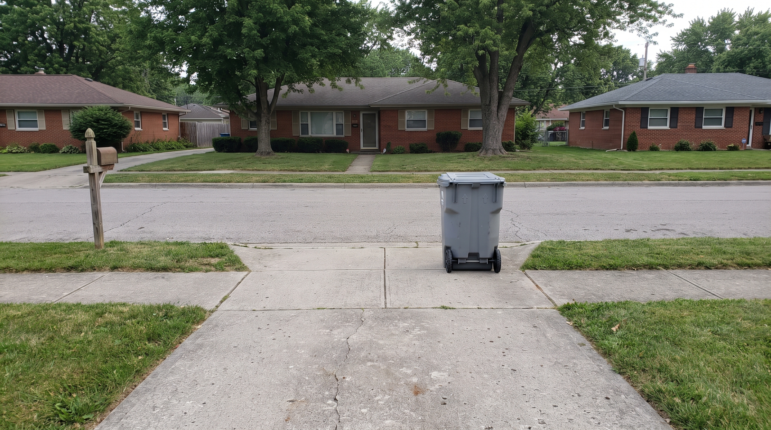 A gray wheeled trash cart with its lid closed stands alone at the end of a concrete driveway by the street, with the mailbox well off to the side and brick ranch houses across the road.