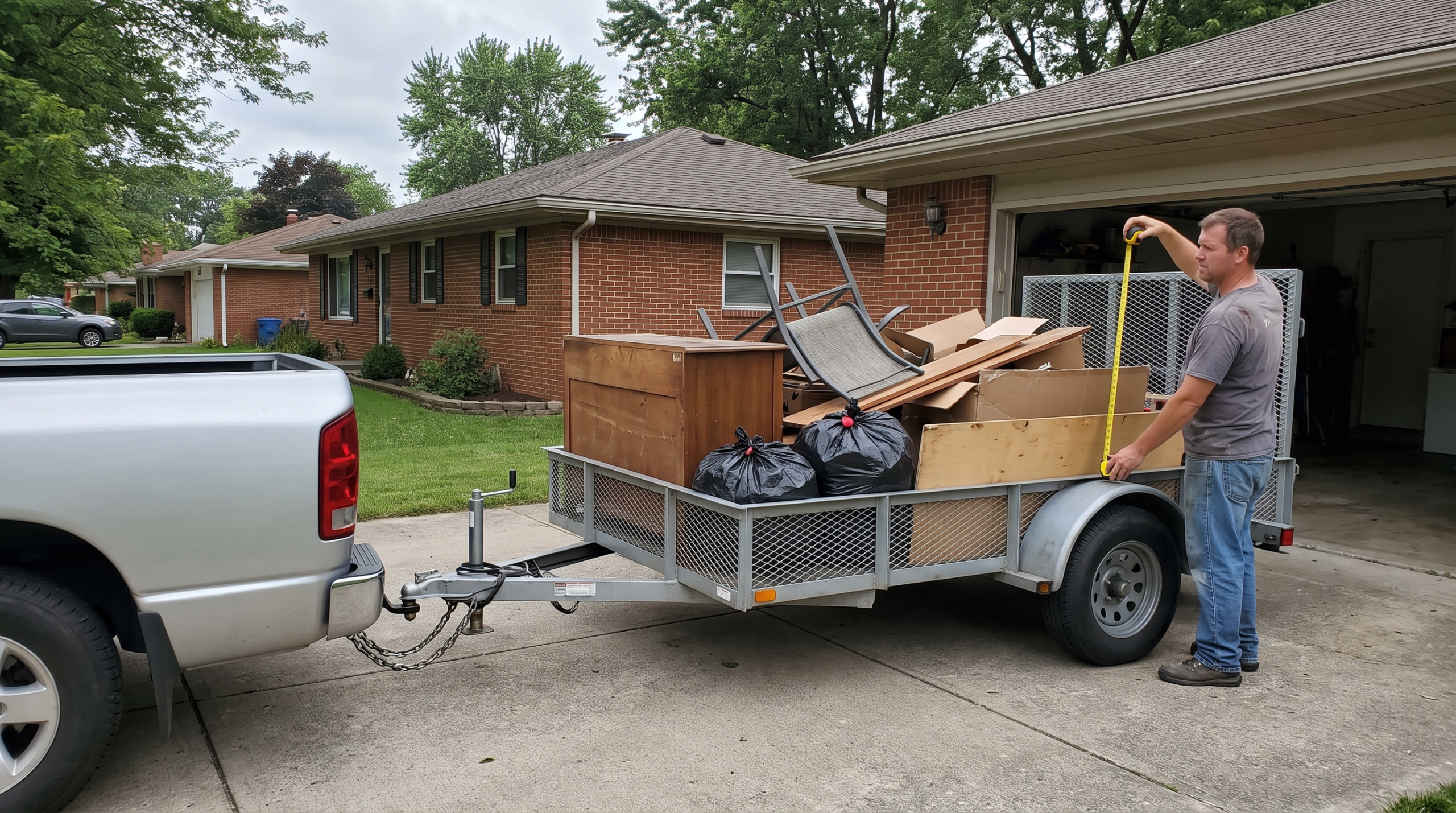A man in a gray t-shirt and jeans holds a yellow tape measure upright against the side rail of a mesh-sided utility trailer to measure the height=