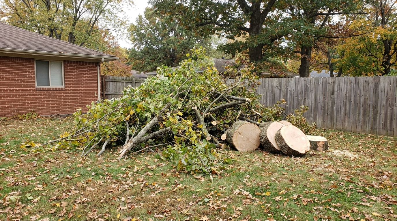A large pile of freshly cut tree limbs and leafy branches on the lawn of a fenced yard beside a red brick house, next to several thick sawn rounds of a tree trunk, with tall trees behind the wooden privacy fence and fallen leaves on the grass