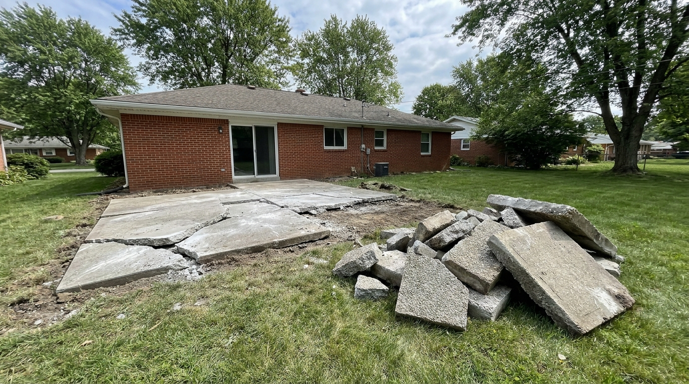 Behind a one-story red brick house, an old concrete patio lies cracked into large sections on the ground, with a heap of broken concrete slabs and chunks on the lawn beside it and mature trees around the yard