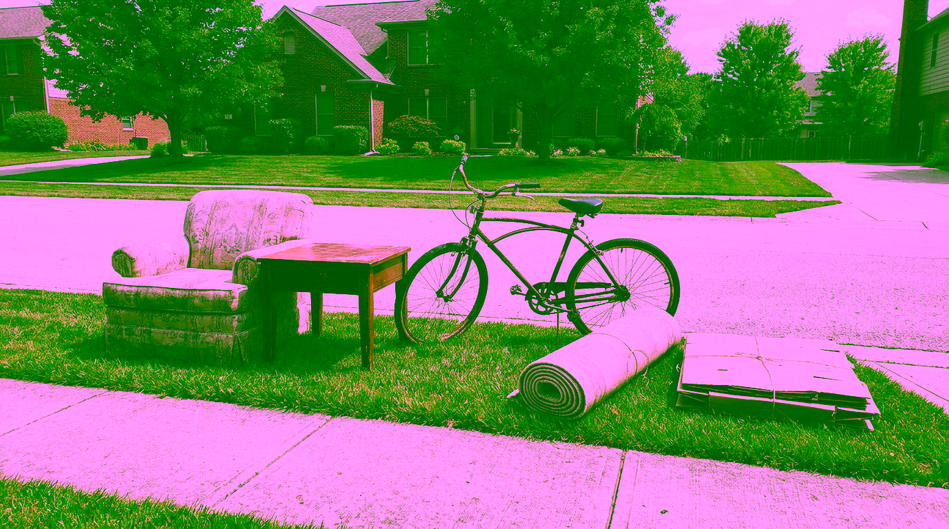 A beige upholstered armchair, a small wooden end table, an old bicycle, a rolled rug and a tied stack of flattened cardboard boxes sit on the grass strip between the sidewalk and a quiet suburban street lined with brick homes.