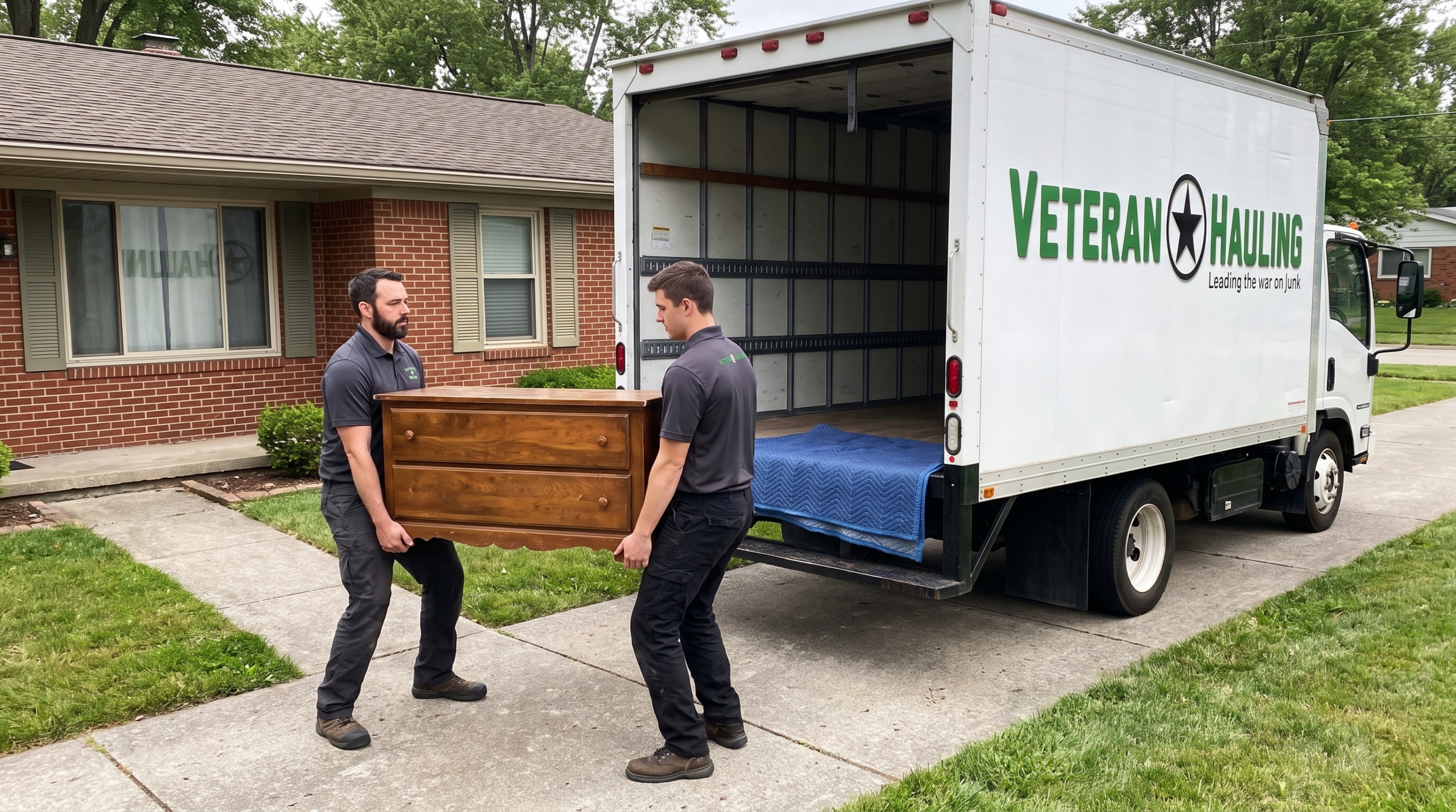 Two crew members in matching dark gray polos carry an old two-drawer wooden dresser along the front walkway of a brick ranch house toward a white box truck marked Veteran Hauling, parked with its rear open and a blue moving pad on the floor.