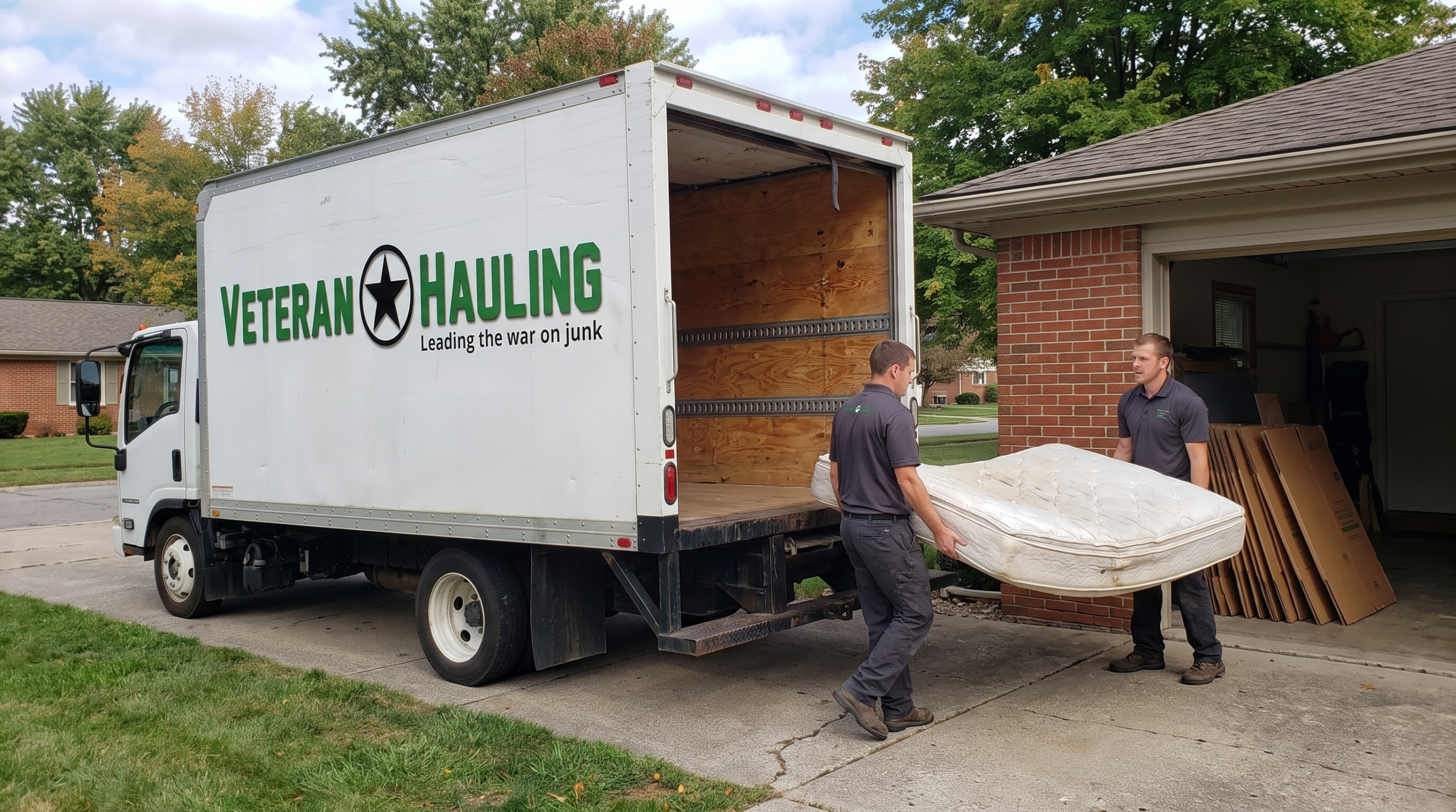 Two crew members in matching dark gray polos carry an old, worn mattress from an open garage toward the open back of a white box truck marked Veteran Hauling, parked in the driveway. A stack of flattened cardboard boxes leans against the wall inside the garage.