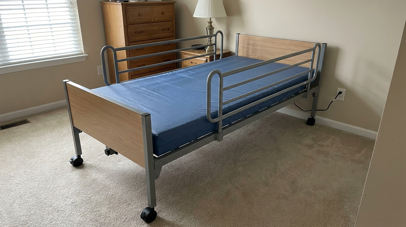An empty electric hospital bed with a bare blue mattress, wood-grain head and foot boards, gray side rails raised on both sides and casters on its steel legs stands in a carpeted bedroom, its power cord plugged into a wall outlet, with a wooden dresser, a nightstand and a lamp behind it and a window with white blinds.