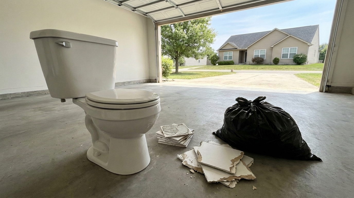 A white toilet with its tank, seat and cover attached stands on the concrete floor of a garage next to a short stack of white tiles, the top one with gray mortar on its back, a few broken pieces of drywall and a tied black trash bag, with the garage door open to a driveway, a lawn and a tree.