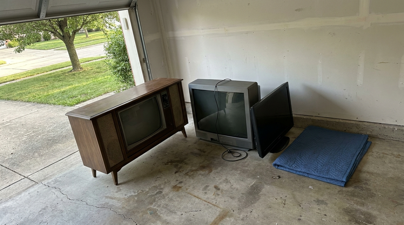 Three old TVs wait on a garage floor by the open garage door: a wood cabinet console TV on tapered legs, a gray tube TV with a deep cabinet, and a black flat screen beside a folded blue moving pad.