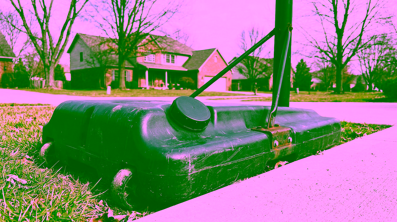 A worn black portable basketball hoop base with a plain round fill cap and two small wheels sits on the grass beside a concrete driveway, its black steel pole rising out of frame, with brick homes and bare trees in the background.