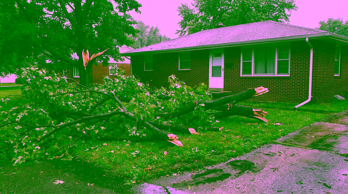 Rain-soaked tree limbs with green leaves lie in a tangle across the front lawn of a red brick ranch home after a storm, beside a tree with a freshly broken limb stub.