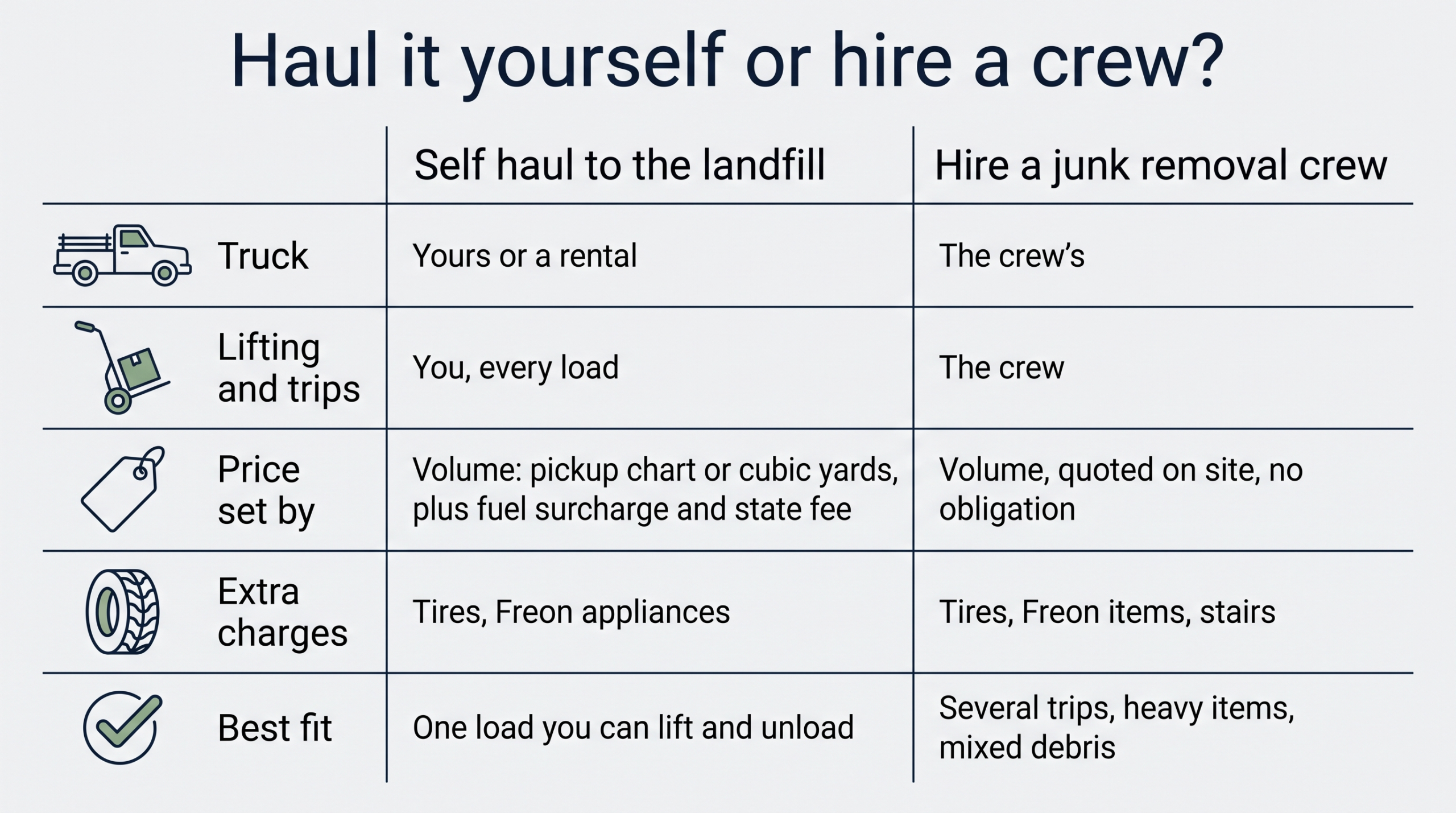 Comparison table titled Haul it yourself or hire a crew? Column headers: Self haul to the landfill; Hire a junk removal crew. Truck: Yours or a rental; The crew's. Lifting and trips: You, every load; The crew. Price set by: Volume: pickup chart or cubic yards, plus fuel surcharge and state fee; Volume, quoted on site, no obligation. Extra charges: Tires, Freon appliances; Tires, Freon items, stairs. Best fit: One load you can lift and unload; Several trips, heavy items, mixed debris.